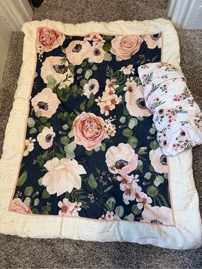 Sweet JoJo Design Floral Navy and Blush Reversible Baby Quilt + Fitted Sheet